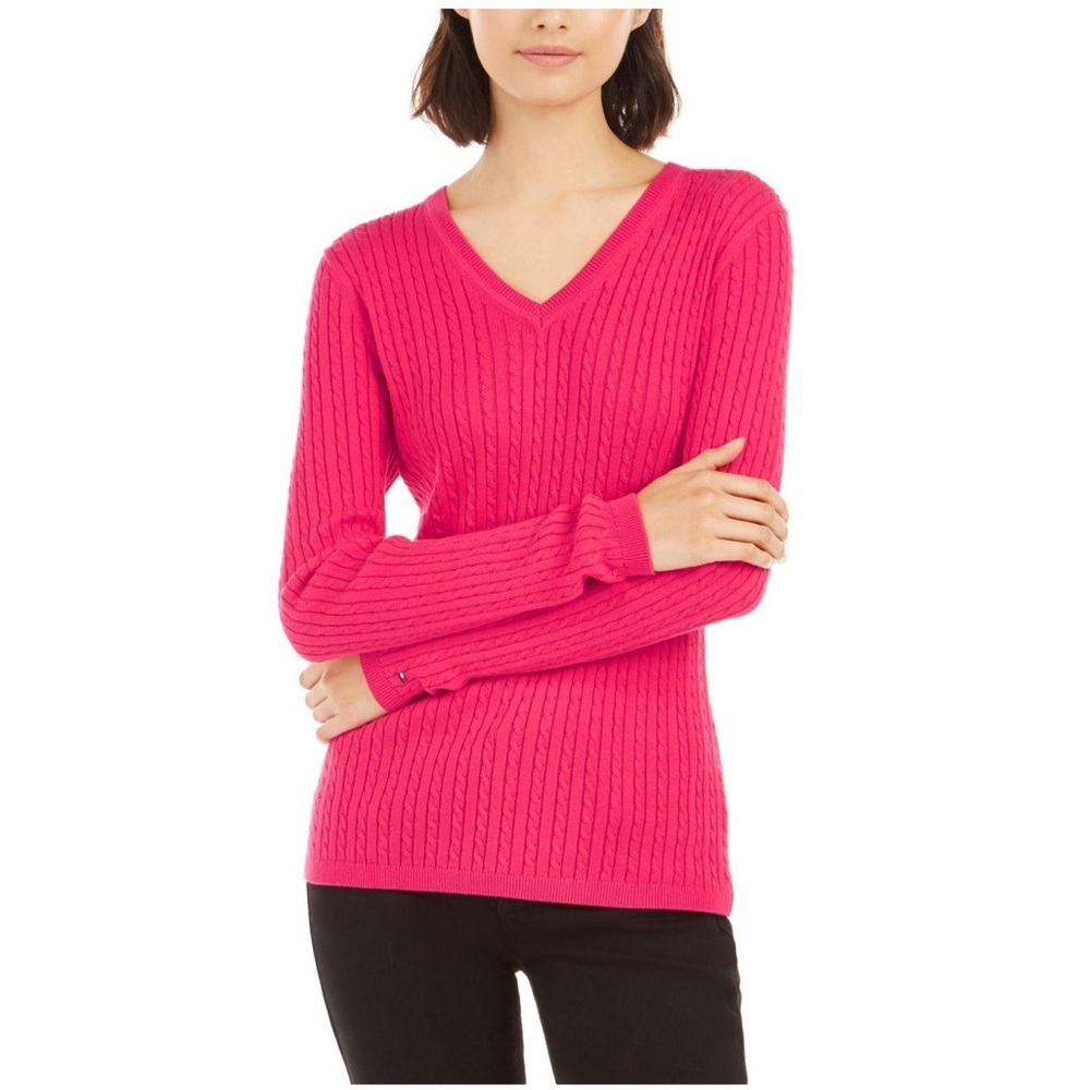Tommy Hilfiger Red Cable Knit V-Neck Sweater in Dragonfruit color Size XL NWT